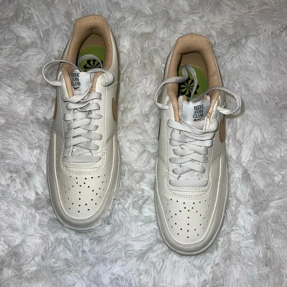 Nike Court Vision Low Basic White and Neutral Sneakers Tan Swoosh - Picture 3 of 6